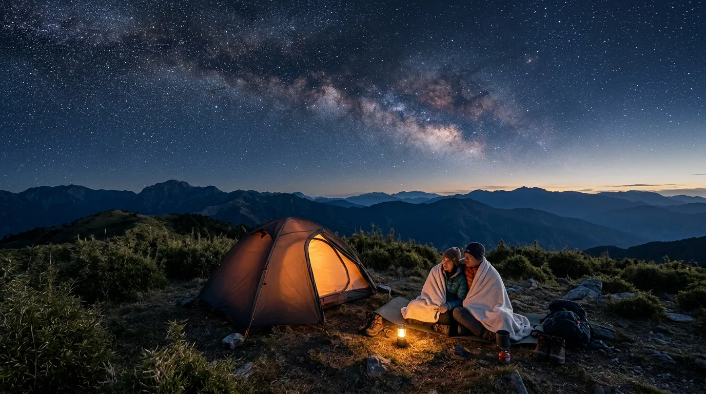 夜空銀河下亮著燈的帳篷